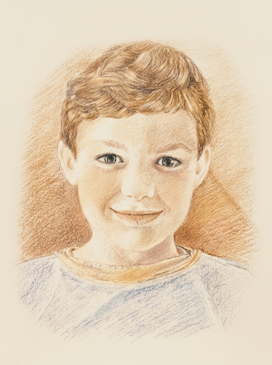Softly colored pencil portrait of a smiling boy