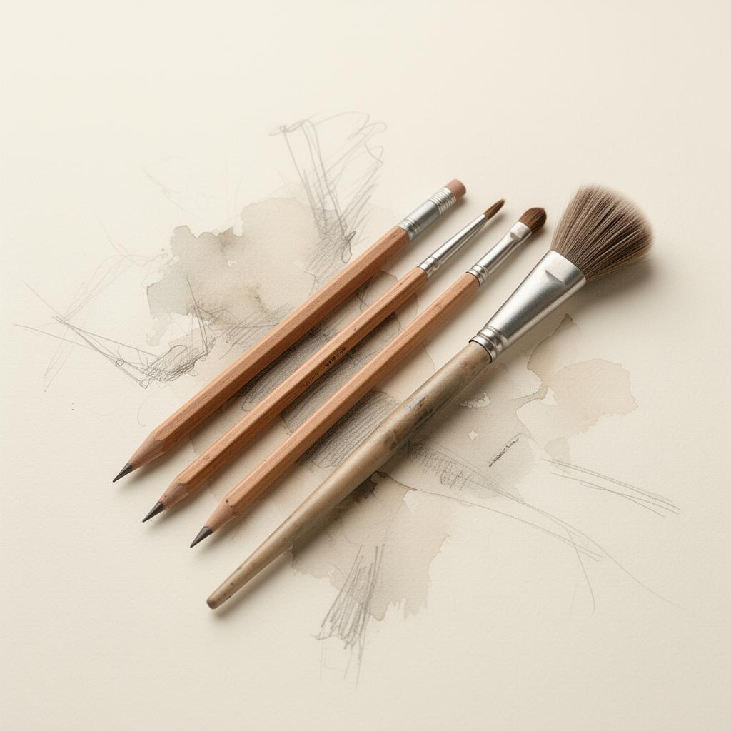Artist pencils and paintbrushes on warm paper