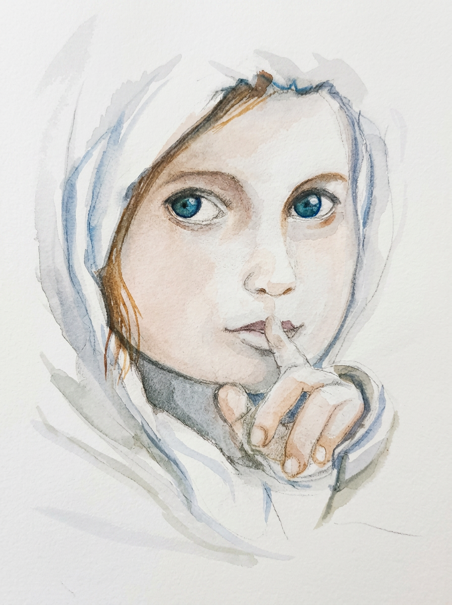 Watercolour portrait of a girl in a hood